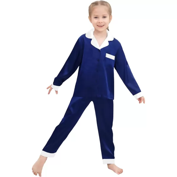 SWOMOG Kids Satin Pajamas Sets Girls Boys Long Sleeve Sleepwear Button Down Pjs Set 2 PCS Loungewear SetsDeep Navy Blue