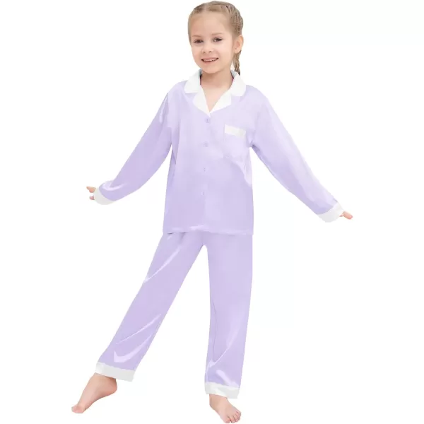 SWOMOG Kids Satin Pajamas Sets Girls Boys Long Sleeve Sleepwear Button Down Pjs Set 2 PCS Loungewear SetsLavender