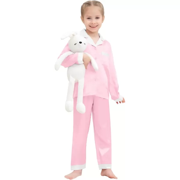 SWOMOG Kids Satin Pajamas Sets Girls Boys Long Sleeve Sleepwear Button Down Pjs Set 2 PCS Loungewear SetsPink