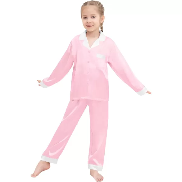 SWOMOG Kids Satin Pajamas Sets Girls Boys Long Sleeve Sleepwear Button Down Pjs Set 2 PCS Loungewear SetsPink