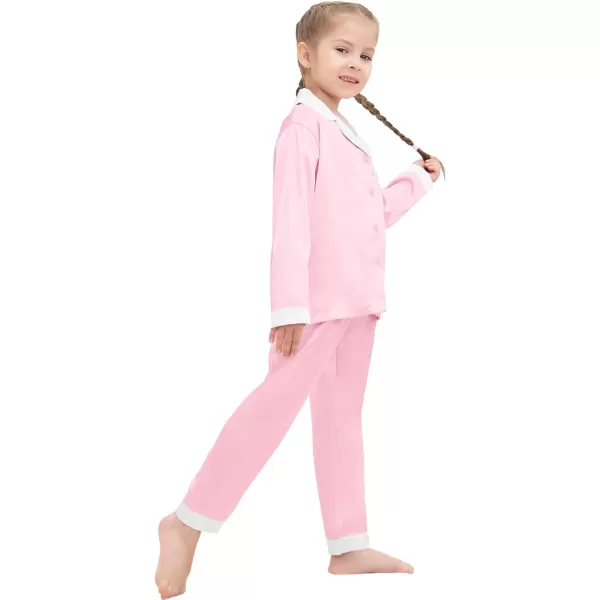 SWOMOG Kids Satin Pajamas Sets Girls Boys Long Sleeve Sleepwear Button Down Pjs Set 2 PCS Loungewear SetsPink