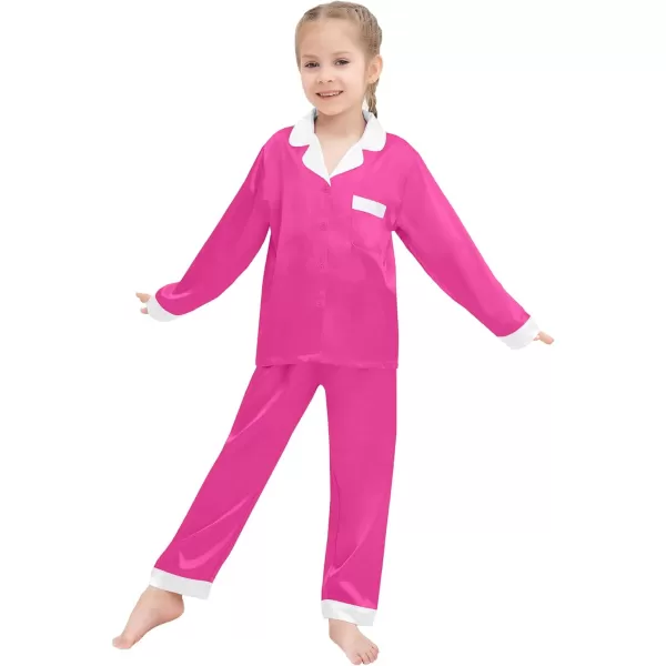 SWOMOG Kids Satin Pajamas Sets Girls Boys Long Sleeve Sleepwear Button Down Pjs Set 2 PCS Loungewear SetsRose Red