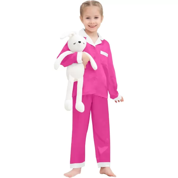SWOMOG Kids Satin Pajamas Sets Girls Boys Long Sleeve Sleepwear Button Down Pjs Set 2 PCS Loungewear SetsRose Red