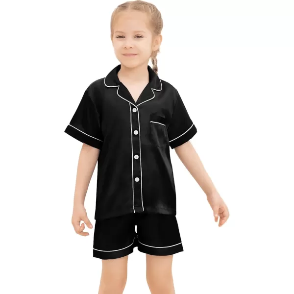 SWOMOG Kids Silk Satin Pajamas Set Girls Boys ButtonDown Sleepwear Short Sleeve 2 Piece PJs Sets Lounge SetsBlack