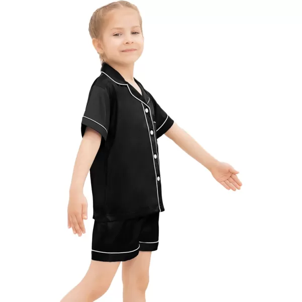 SWOMOG Kids Silk Satin Pajamas Set Girls Boys ButtonDown Sleepwear Short Sleeve 2 Piece PJs Sets Lounge SetsBlack