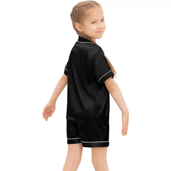 SWOMOG Kids Silk Satin Pajamas Set Girls Boys ButtonDown Sleepwear Short Sleeve 2 Piece PJs Sets Lounge SetsBlack