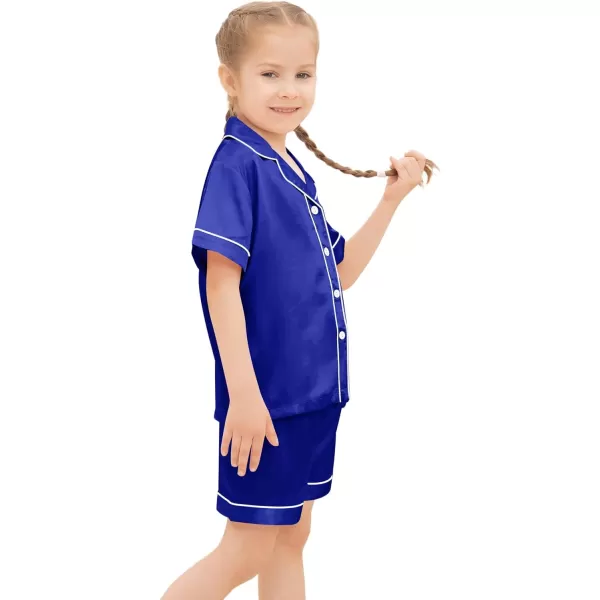 SWOMOG Kids Silk Satin Pajamas Set Girls Boys ButtonDown Sleepwear Short Sleeve 2 Piece PJs Sets Lounge SetsBlue