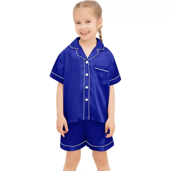 SWOMOG Kids Silk Satin Pajamas Set Girls Boys ButtonDown Sleepwear Short Sleeve 2 Piece PJs Sets Lounge SetsBlue