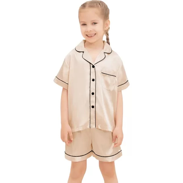 SWOMOG Kids Silk Satin Pajamas Set Girls Boys ButtonDown Sleepwear Short Sleeve 2 Piece PJs Sets Lounge SetsChampagne