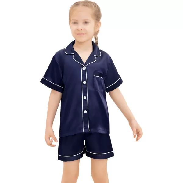 SWOMOG Kids Silk Satin Pajamas Set Girls Boys ButtonDown Sleepwear Short Sleeve 2 Piece PJs Sets Lounge SetsDeep Navy Blue