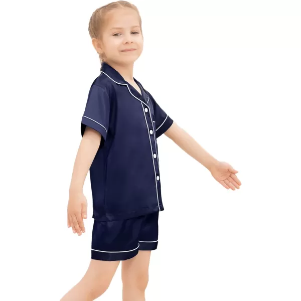 SWOMOG Kids Silk Satin Pajamas Set Girls Boys ButtonDown Sleepwear Short Sleeve 2 Piece PJs Sets Lounge SetsDeep Navy Blue