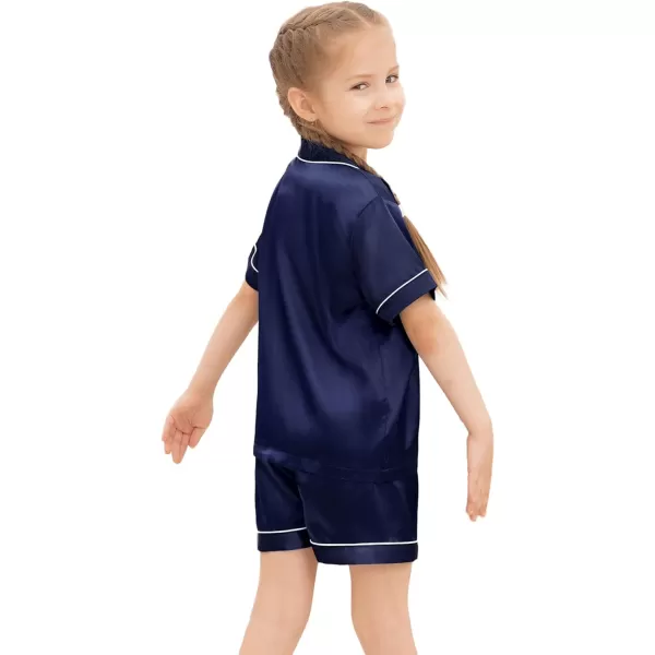 SWOMOG Kids Silk Satin Pajamas Set Girls Boys ButtonDown Sleepwear Short Sleeve 2 Piece PJs Sets Lounge SetsDeep Navy Blue