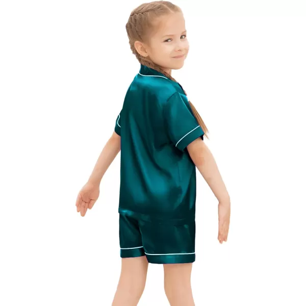 SWOMOG Kids Silk Satin Pajamas Set Girls Boys ButtonDown Sleepwear Short Sleeve 2 Piece PJs Sets Lounge SetsGreen