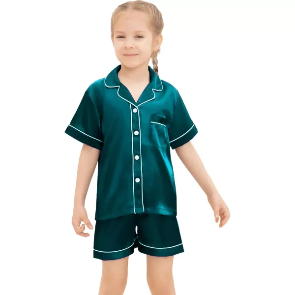 SWOMOG Kids Silk Satin Pajamas Set Girls Boys ButtonDown Sleepwear Short Sleeve 2 Piece PJs Sets Lounge SetsGreen