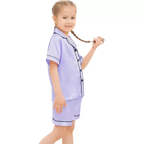 SWOMOG Kids Silk Satin Pajamas Set Girls Boys ButtonDown Sleepwear Short Sleeve 2 Piece PJs Sets Lounge SetsLavender