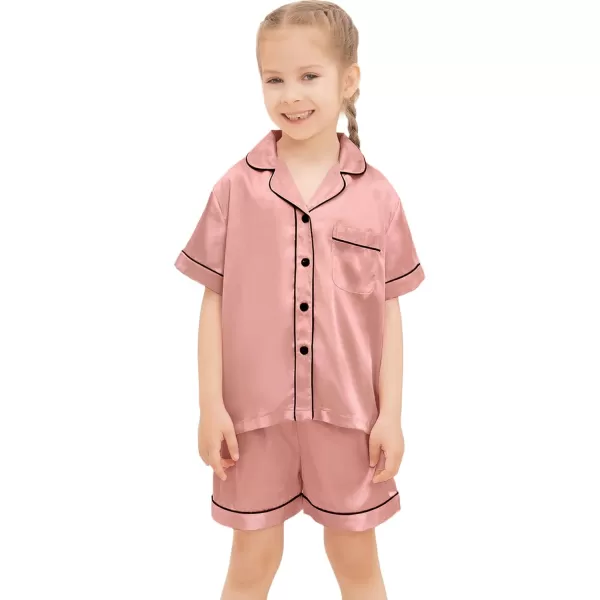 SWOMOG Kids Silk Satin Pajamas Set Girls Boys ButtonDown Sleepwear Short Sleeve 2 Piece PJs Sets Lounge SetsMisty Rose