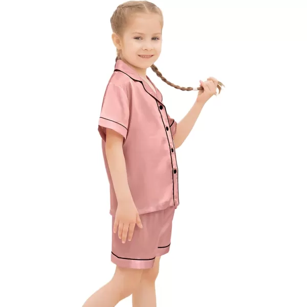 SWOMOG Kids Silk Satin Pajamas Set Girls Boys ButtonDown Sleepwear Short Sleeve 2 Piece PJs Sets Lounge SetsMisty Rose