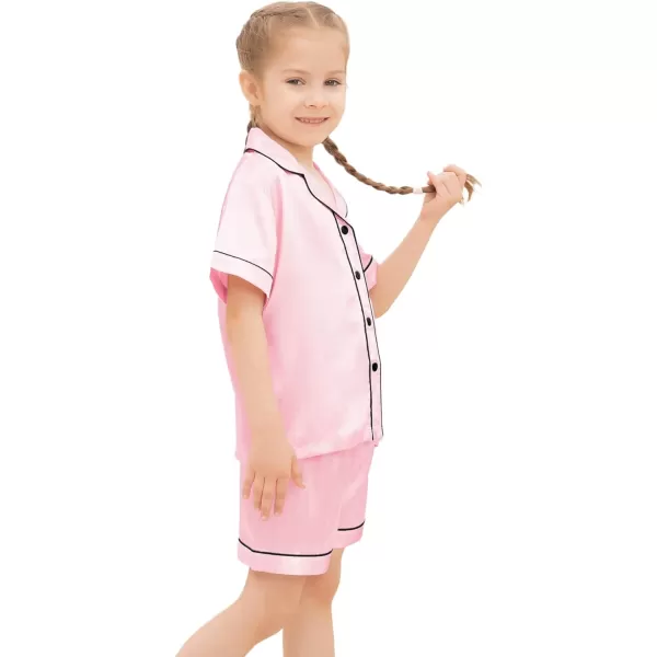 SWOMOG Kids Silk Satin Pajamas Set Girls Boys ButtonDown Sleepwear Short Sleeve 2 Piece PJs Sets Lounge SetsPink