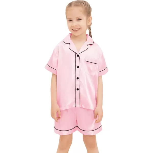 SWOMOG Kids Silk Satin Pajamas Set Girls Boys ButtonDown Sleepwear Short Sleeve 2 Piece PJs Sets Lounge SetsPink