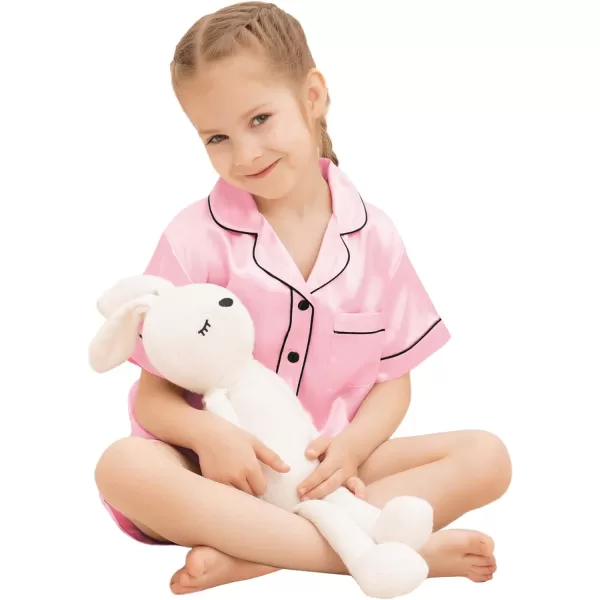 SWOMOG Kids Silk Satin Pajamas Set Girls Boys ButtonDown Sleepwear Short Sleeve 2 Piece PJs Sets Lounge SetsPink