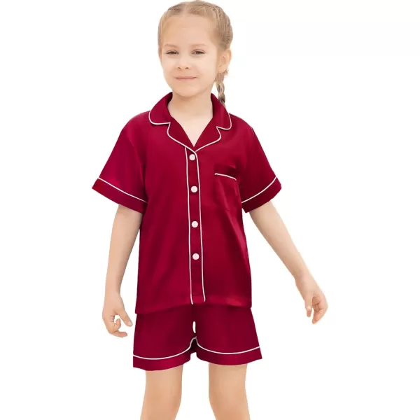 SWOMOG Kids Silk Satin Pajamas Set Girls Boys ButtonDown Sleepwear Short Sleeve 2 Piece PJs Sets Lounge SetsRed