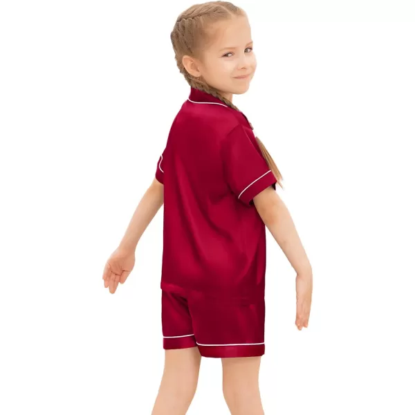 SWOMOG Kids Silk Satin Pajamas Set Girls Boys ButtonDown Sleepwear Short Sleeve 2 Piece PJs Sets Lounge SetsRed