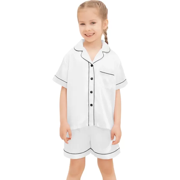 SWOMOG Kids Silk Satin Pajamas Set Girls Boys ButtonDown Sleepwear Short Sleeve 2 Piece PJs Sets Lounge SetsWhite