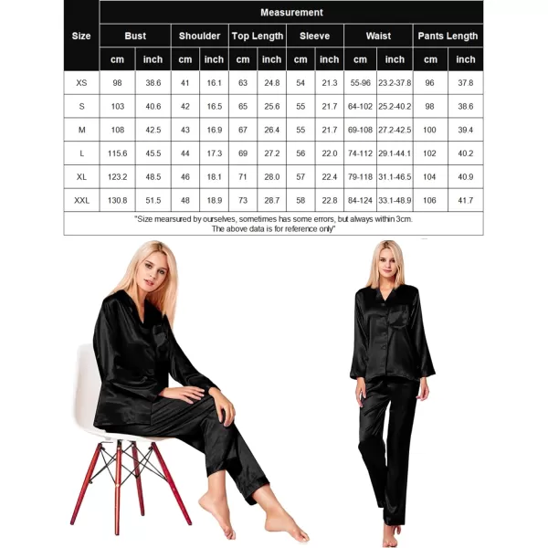 SWOMOG Long Sleeve Pajamas Set Silk Satin Sleepwear Button Down Pjs Loungewear with PocketBlack