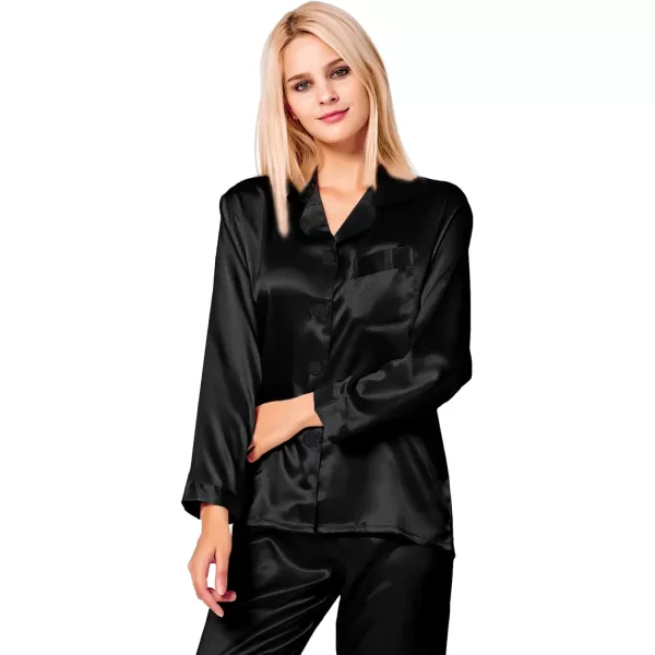 SWOMOG Long Sleeve Pajamas Set Silk Satin Sleepwear Button Down Pjs Loungewear with PocketBlack