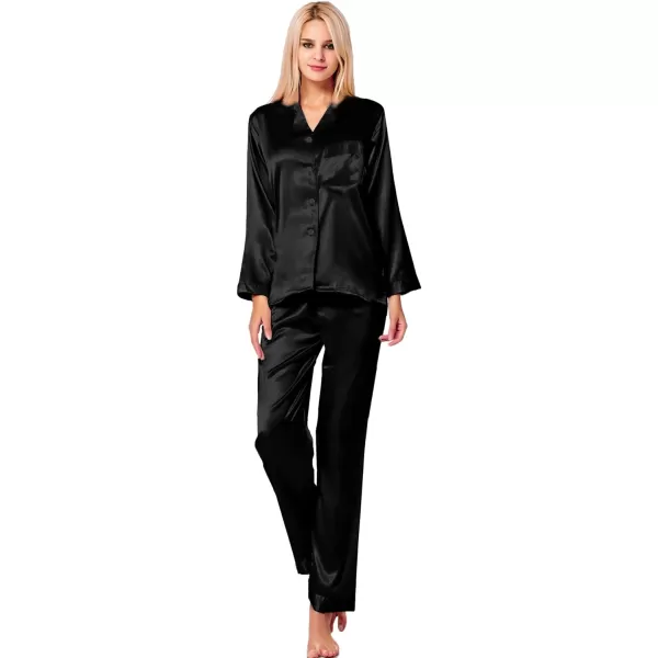 SWOMOG Long Sleeve Pajamas Set Silk Satin Sleepwear Button Down Pjs Loungewear with PocketBlack