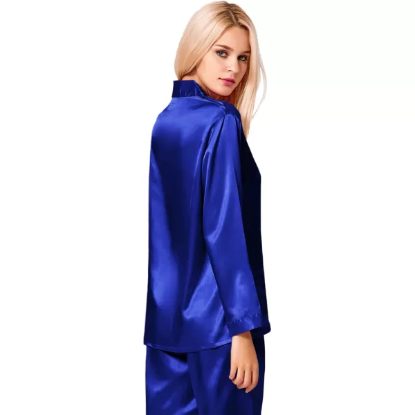 SWOMOG Long Sleeve Pajamas Set Silk Satin Sleepwear Button Down Pjs Loungewear with PocketBlue