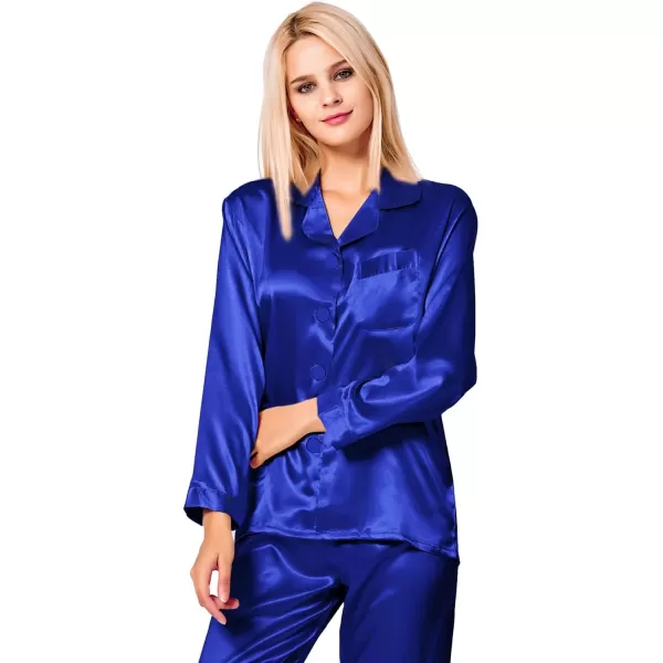 SWOMOG Long Sleeve Pajamas Set Silk Satin Sleepwear Button Down Pjs Loungewear with PocketBlue