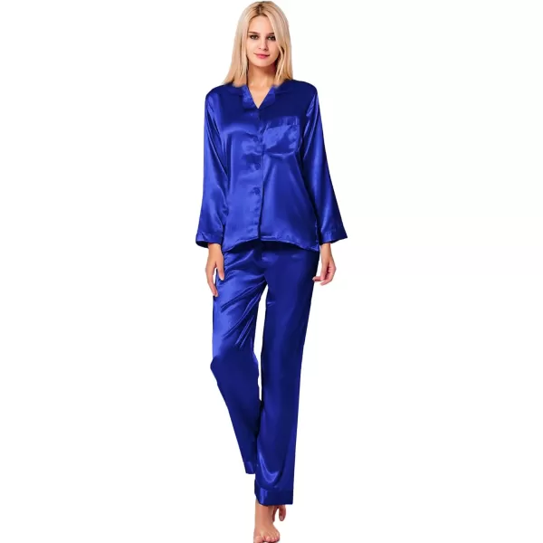 SWOMOG Long Sleeve Pajamas Set Silk Satin Sleepwear Button Down Pjs Loungewear with PocketBlue