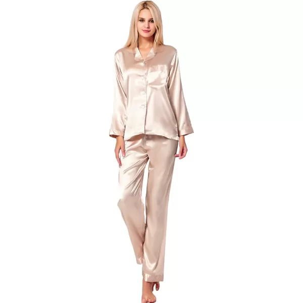 SWOMOG Long Sleeve Pajamas Set Silk Satin Sleepwear Button Down Pjs Loungewear with PocketChampagne