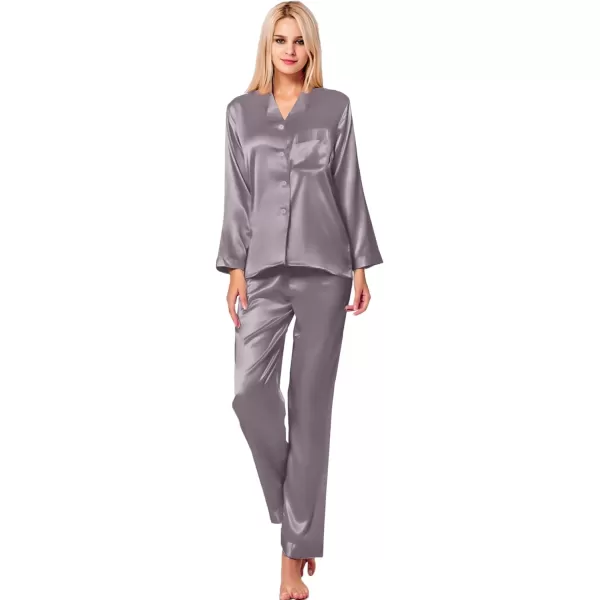 SWOMOG Long Sleeve Pajamas Set Silk Satin Sleepwear Button Down Pjs Loungewear with PocketChestnut