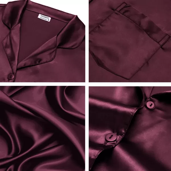 SWOMOG Long Sleeve Pajamas Set Silk Satin Sleepwear Button Down Pjs Loungewear with PocketDeep Wine Red