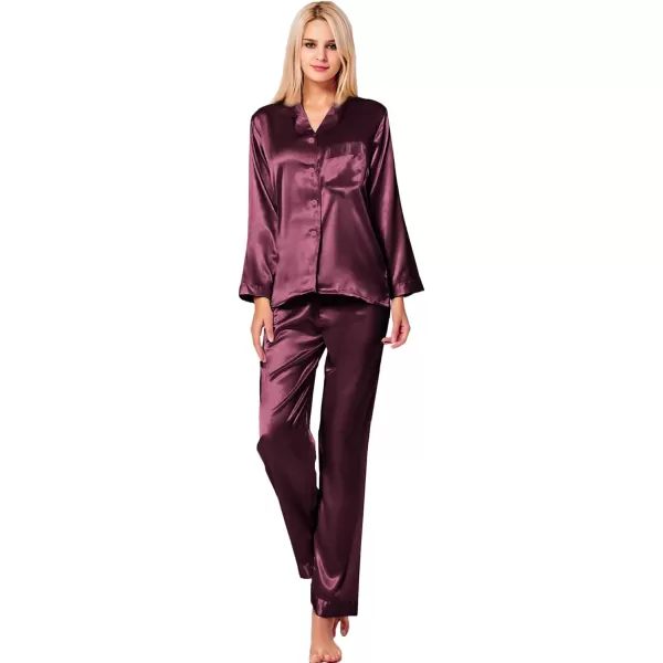 SWOMOG Long Sleeve Pajamas Set Silk Satin Sleepwear Button Down Pjs Loungewear with PocketDeep Wine Red