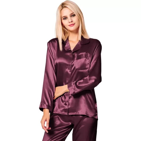 SWOMOG Long Sleeve Pajamas Set Silk Satin Sleepwear Button Down Pjs Loungewear with PocketDeep Wine Red