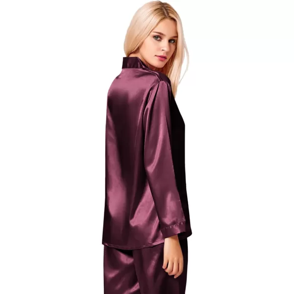 SWOMOG Long Sleeve Pajamas Set Silk Satin Sleepwear Button Down Pjs Loungewear with PocketDeep Wine Red