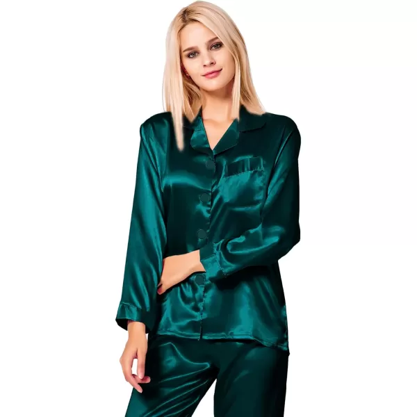 SWOMOG Long Sleeve Pajamas Set Silk Satin Sleepwear Button Down Pjs Loungewear with PocketDeepgreen