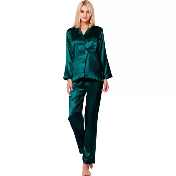 SWOMOG Long Sleeve Pajamas Set Silk Satin Sleepwear Button Down Pjs Loungewear with PocketDeepgreen