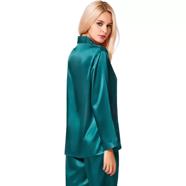 SWOMOG Long Sleeve Pajamas Set Silk Satin Sleepwear Button Down Pjs Loungewear with PocketGreen