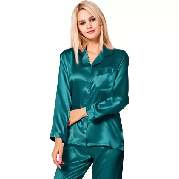 SWOMOG Long Sleeve Pajamas Set Silk Satin Sleepwear Button Down Pjs Loungewear with PocketGreen