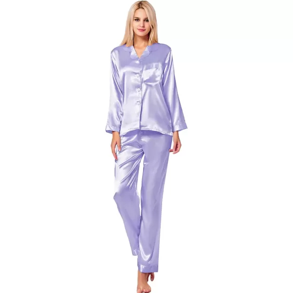 SWOMOG Long Sleeve Pajamas Set Silk Satin Sleepwear Button Down Pjs Loungewear with PocketLavender