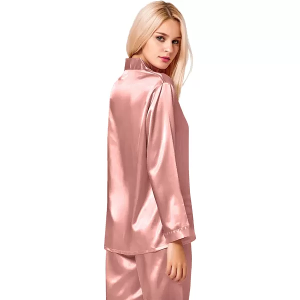 SWOMOG Long Sleeve Pajamas Set Silk Satin Sleepwear Button Down Pjs Loungewear with PocketMisty Rose