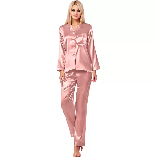 SWOMOG Long Sleeve Pajamas Set Silk Satin Sleepwear Button Down Pjs Loungewear with PocketMisty Rose