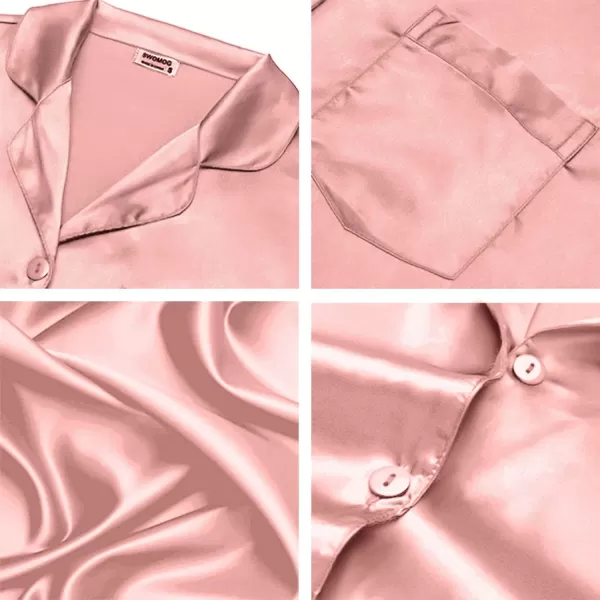 SWOMOG Long Sleeve Pajamas Set Silk Satin Sleepwear Button Down Pjs Loungewear with PocketMisty Rose