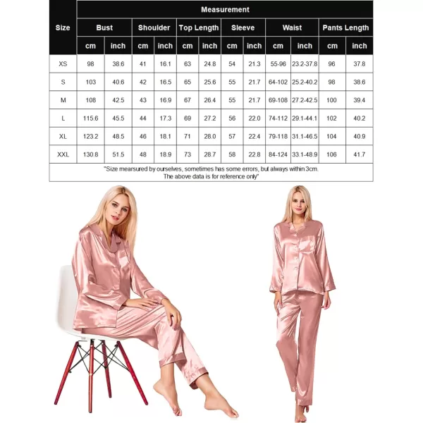 SWOMOG Long Sleeve Pajamas Set Silk Satin Sleepwear Button Down Pjs Loungewear with PocketMisty Rose