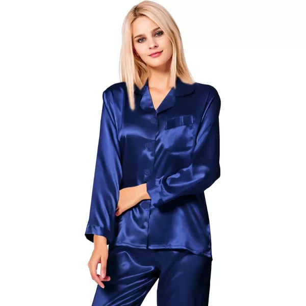 SWOMOG Long Sleeve Pajamas Set Silk Satin Sleepwear Button Down Pjs Loungewear with PocketNavy Blue