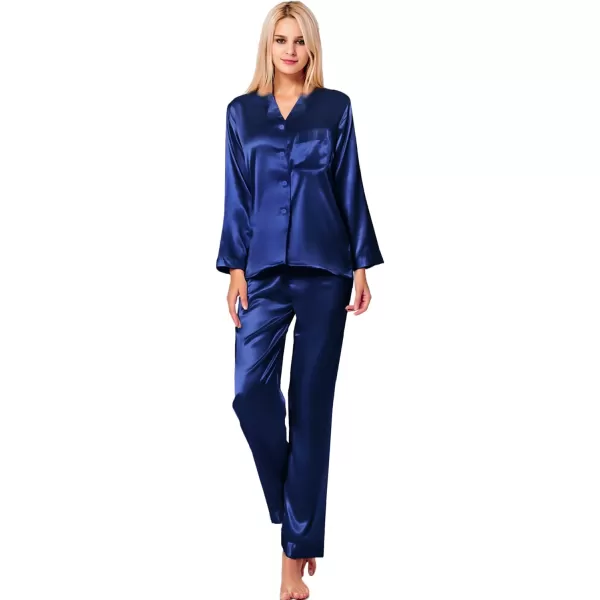 SWOMOG Long Sleeve Pajamas Set Silk Satin Sleepwear Button Down Pjs Loungewear with PocketNavy Blue